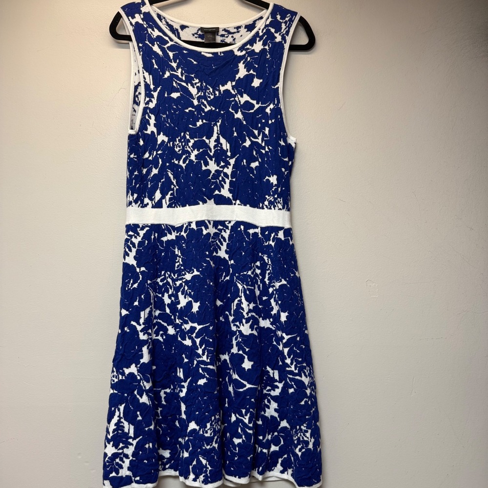 Ann Taylor Floral Jacquard Dress Women Large Blue White Excellent Fit & Flare